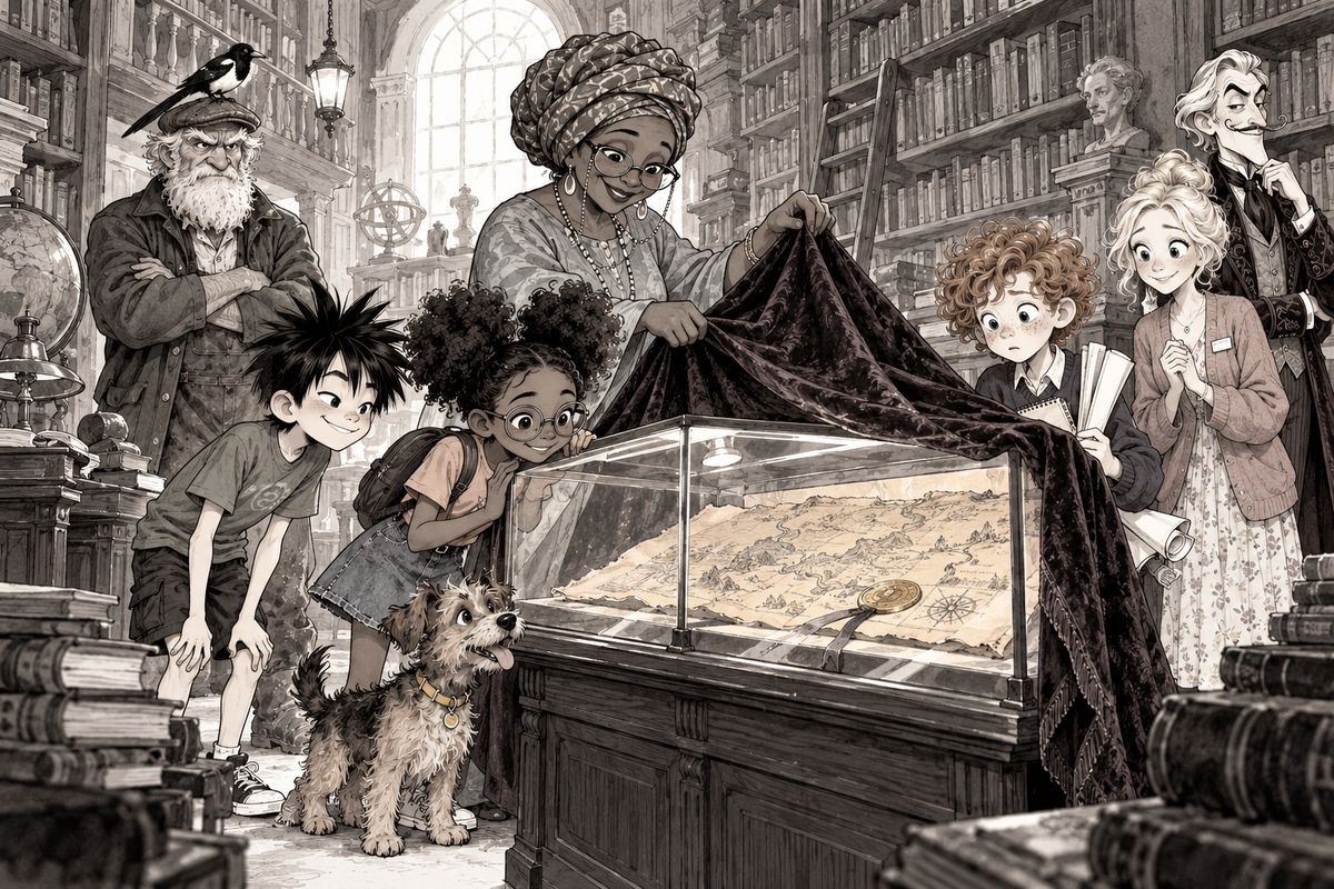 Maya, Leo and Biscuit see the Hundred-Year Map in the library
