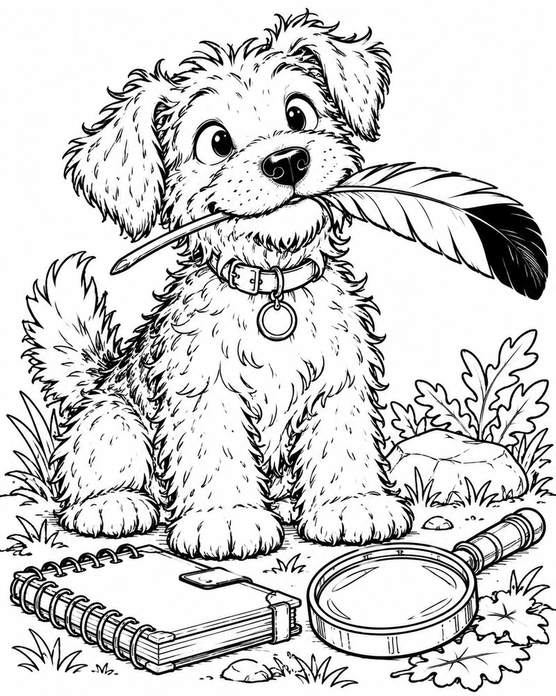 A colouring page of Biscuit the dog